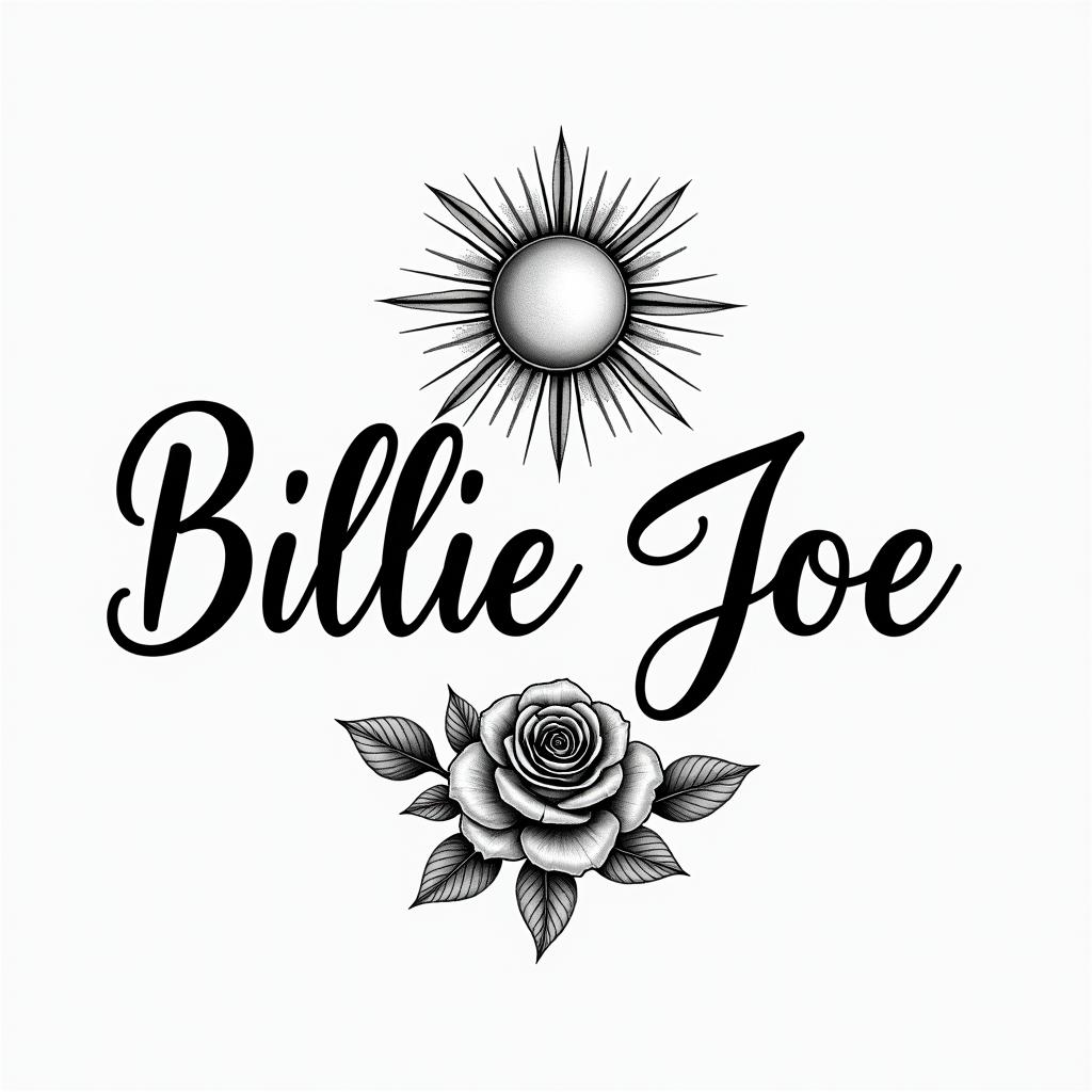 I want a tattoo of my wife’s name Billie Joe incorporating the sun and the moonin elegant cursive calligraphy style 2d tattoo, decorate with roses, featuring a smooth and flowing handwritten script with slightly thickened strokes for a luxurious and bold appearance, heart symbol between names, sleek and glossy black text with shadowing, minimalist matte white background, clean and sharp edges, illuminated with soft lighting, romantic, 8k, high-quality textures with refined typography