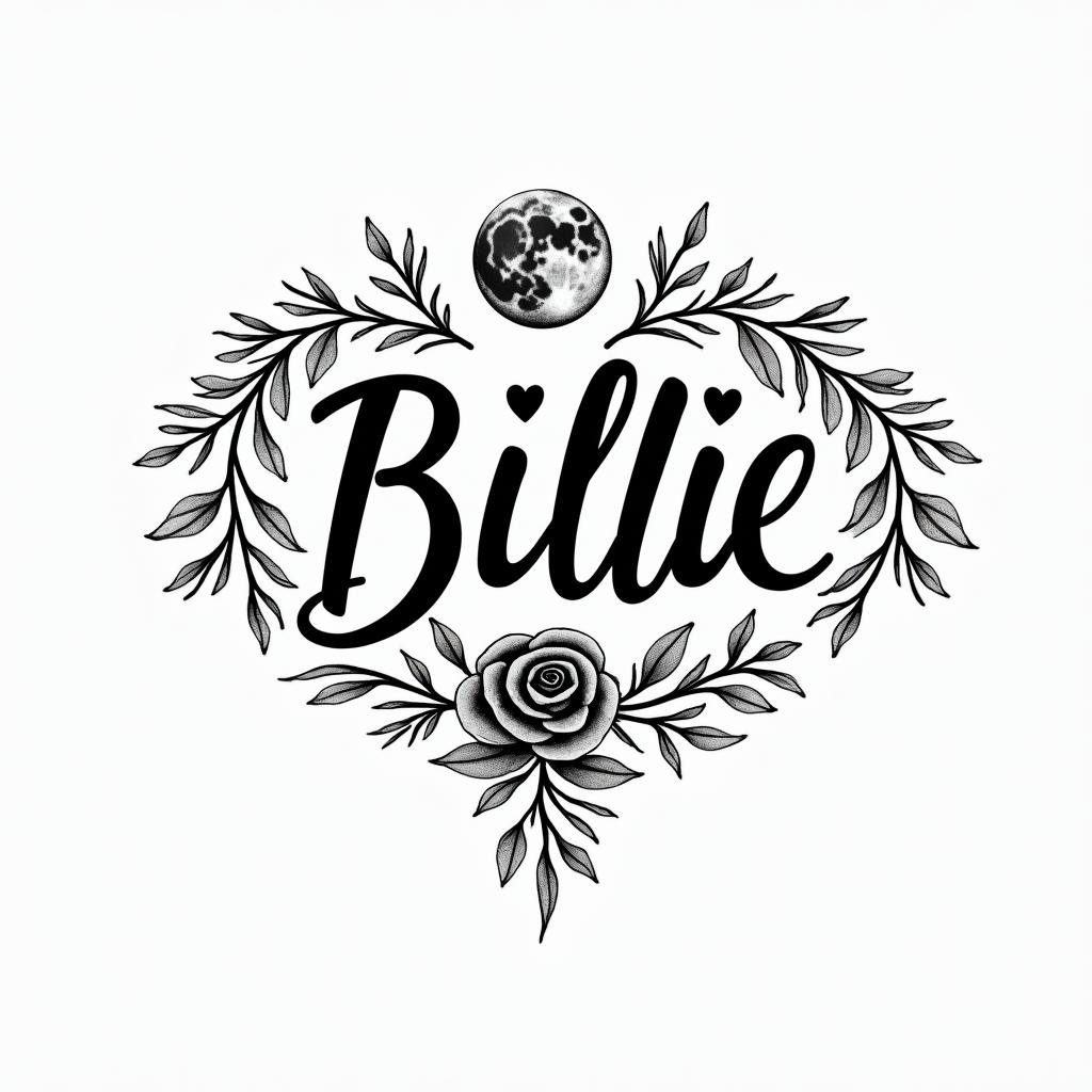 I want a tattoo of my wife’s name Billie Joe incorporating the sun and the moonin elegant cursive calligraphy style 2d tattoo, decorate with roses, featuring a smooth and flowing handwritten script with slightly thickened strokes for a luxurious and bold appearance, heart symbol between names, sleek and glossy black text with shadowing, minimalist matte white background, clean and sharp edges, illuminated with soft lighting, romantic, 8k, high-quality textures with refined typography - Variation 4