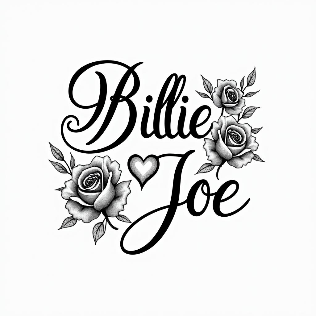I want a tattoo of my wife’s name Billie Joe incorporating the sun and the moonin elegant cursive calligraphy style 2d tattoo, decorate with roses, featuring a smooth and flowing handwritten script with slightly thickened strokes for a luxurious and bold appearance, heart symbol between names, sleek and glossy black text with shadowing, minimalist matte white background, clean and sharp edges, illuminated with soft lighting, romantic, 8k, high-quality textures with refined typography - Variation 2