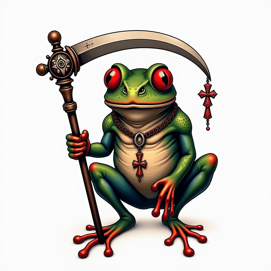 Grim Reaper frog with a scythe and rosaryin new school tattoo, pop culture, modern, detailed tattoo, illustrative