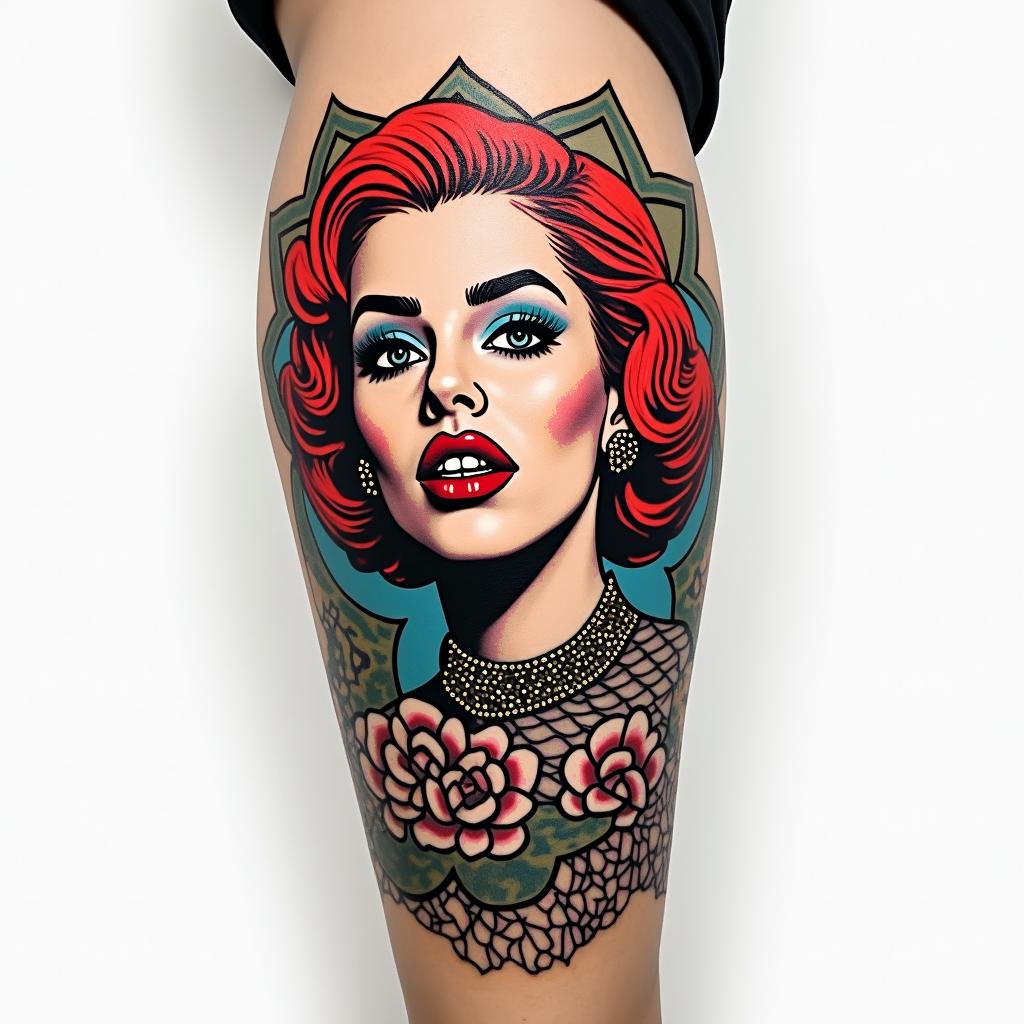 Thiago Marangoni, Pisces, 28 years old, Sumaréin pop art style tattoo, featuring bold and vibrant colors, exaggerated outlines, iconic imagery, inspired by comic books and speech bubbles, comic book characters, retro pop culture