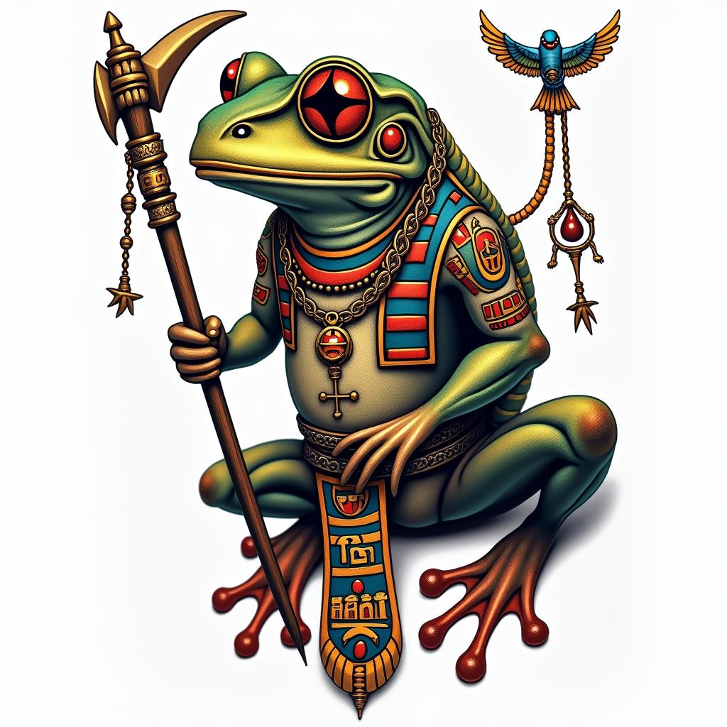 Grim Reaper frog with a scythe and rosaryin egyptian style tattoo, bold elements of ancient egyptian culture including a portrait of an Egyptian pharaoh with detailed facial features, in hieroglyphs and symbolic imagery, eye of horus, ankh symbol, scarab beetle