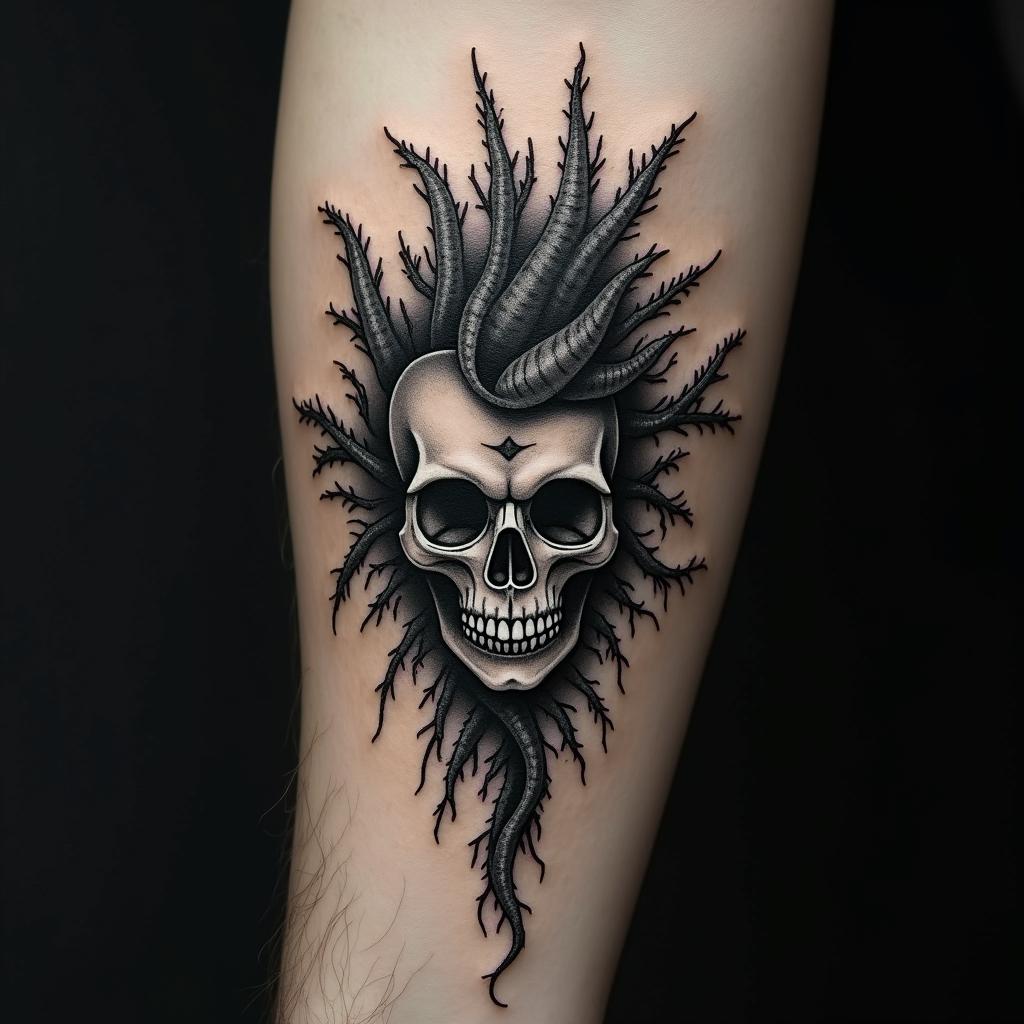 Emilson, poison tree, scorpio, heart in horror tattoo style, showcasing haunting and unsettling, dark and gritty textures with skulls, eerie faces, jgged designs, bold and intense shading - Variation 3