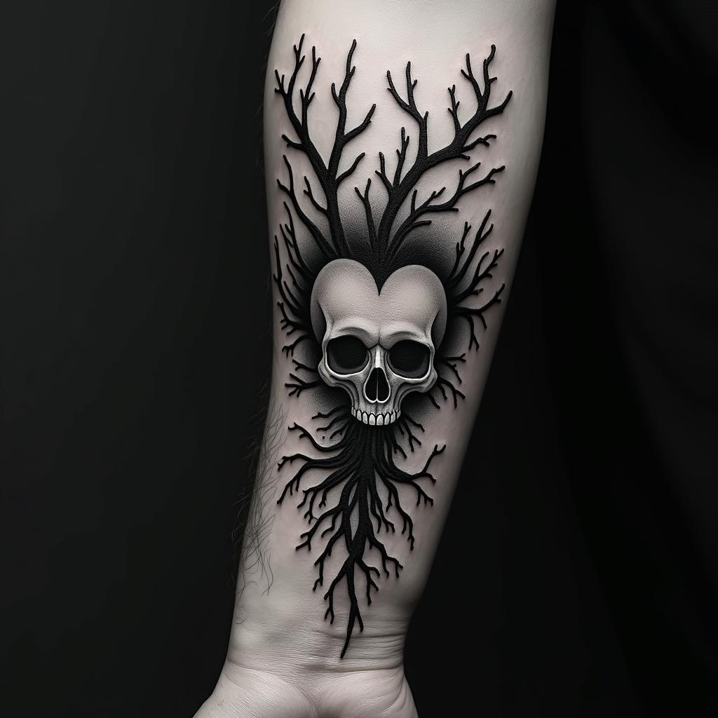 Emilson, poison tree, scorpio, heart in horror tattoo style, showcasing haunting and unsettling, dark and gritty textures with skulls, eerie faces, jgged designs, bold and intense shading - Variation 2
