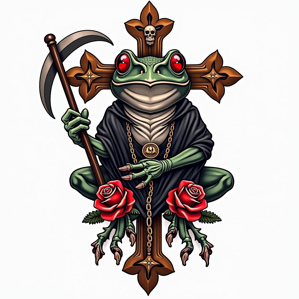 Grim Reaper frog with a scythe and rosaryin chicano style tattoo, featuring intricate black and grey shading, bold elements of traditional chicano culture symbols, add a big cross with skull, chains and roses - Variation 2