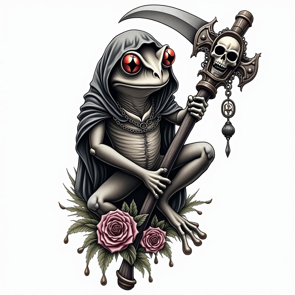 Grim Reaper frog with a scythe and rosaryin chicano style tattoo, featuring intricate black and grey shading, bold elements of traditional chicano culture symbols, add a big cross with skull, chains and roses