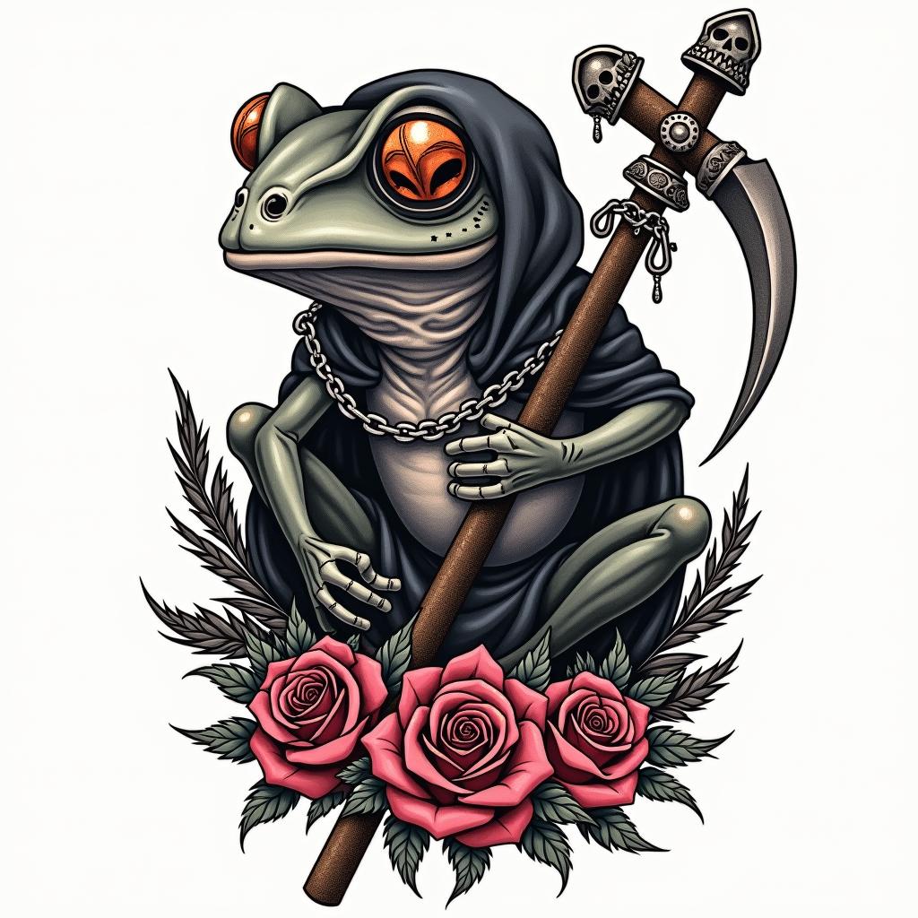 Grim Reaper frog with a scythe and rosaryin chicano style tattoo, featuring intricate black and grey shading, bold elements of traditional chicano culture symbols, add a big cross with skull, chains and roses - Variation 3