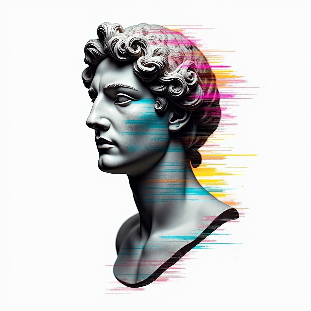 Thiago Marangoni, Pisces, 28 years old, Sumaréin distorted and fragmented tattoo design, featuring a classical statue bust, in a glitch art style with vibrant, overlapping colors of cyan, magenta, and yellow, creating a digital distortion effect