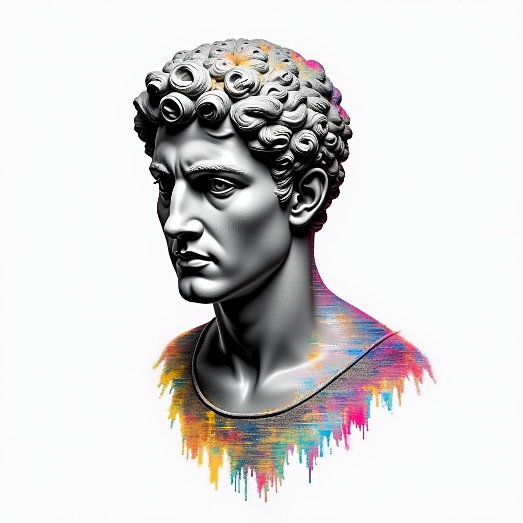 Thiago Marangoni, Pisces, 28 years old, Sumaréin distorted and fragmented tattoo design, featuring a classical statue bust, in a glitch art style with vibrant, overlapping colors of cyan, magenta, and yellow, creating a digital distortion effect - Variation 4