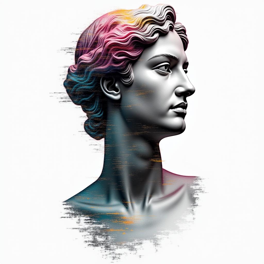 Thiago Marangoni, Pisces, 28 years old, Sumaréin distorted and fragmented tattoo design, featuring a classical statue bust, in a glitch art style with vibrant, overlapping colors of cyan, magenta, and yellow, creating a digital distortion effect - Variation 2