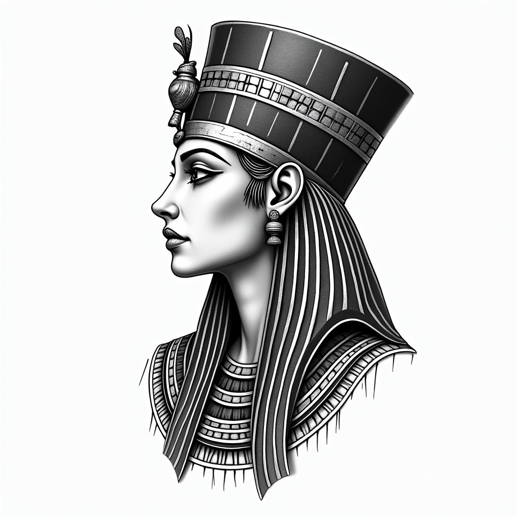 Leo, Woman, Lovein egyptian style tattoo, bold elements of ancient egyptian culture including a portrait of an Egyptian pharaoh with detailed facial features, in hieroglyphs and symbolic imagery, eye of horus, ankh symbol, scarab beetle