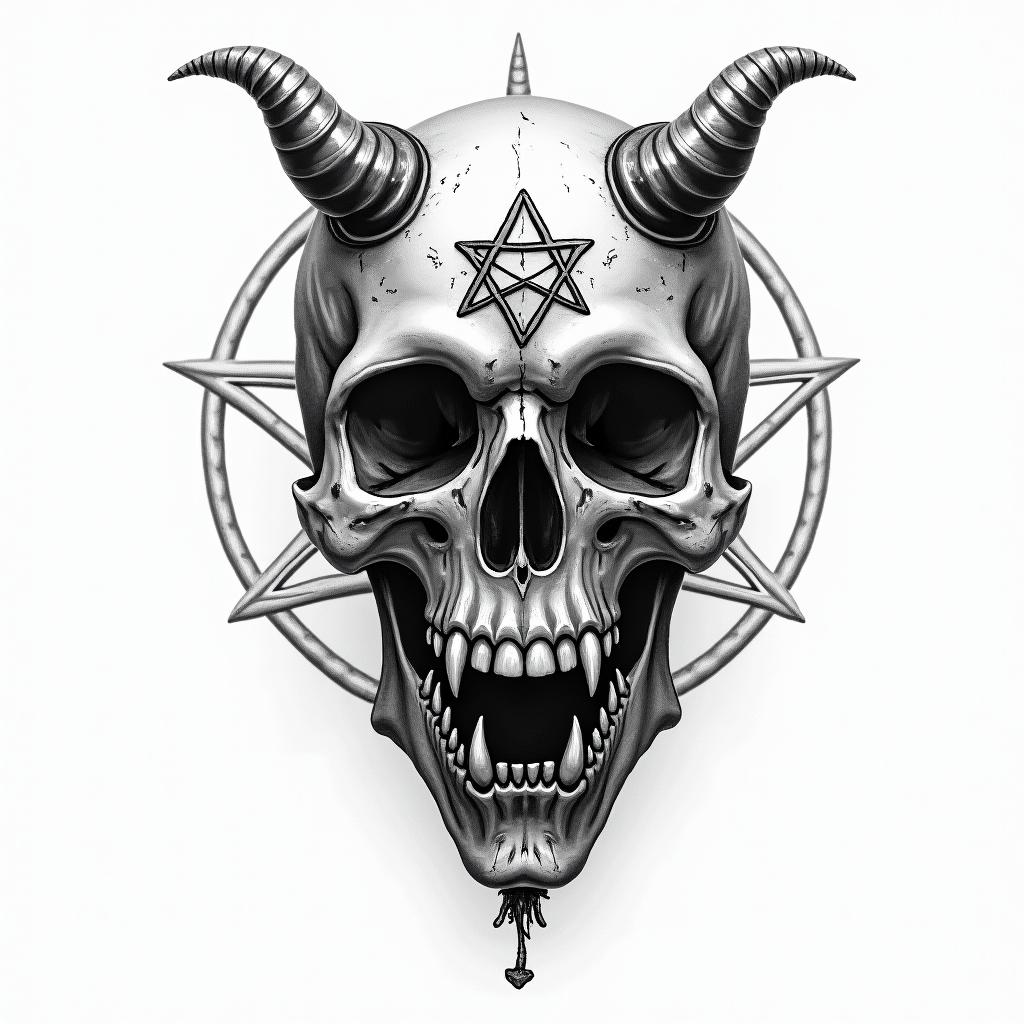 I witch hand holding a flowercreepy horror tattoo style, featuring an eerie and unsettling skull of a demonic creature, distorted face with sharp fangs, add pentagram symbol - Variation 3