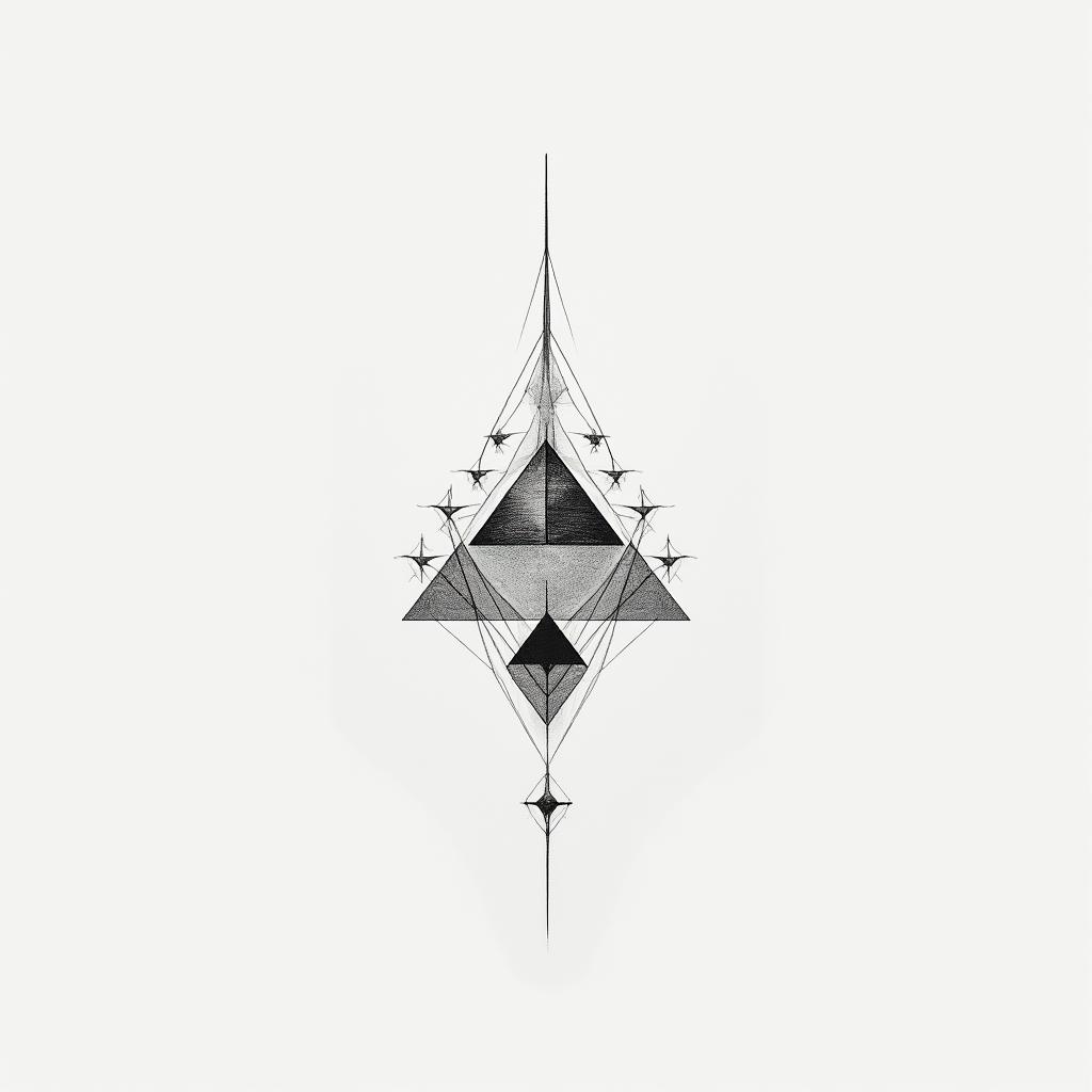 Thiago Marangoni, Pisces, 28 years old, Sumaré.in minimalist style tattoo, featuring simple shapes and fine lines, with minimal shading and details, tiny triangles, creating a sense of balance and harmony