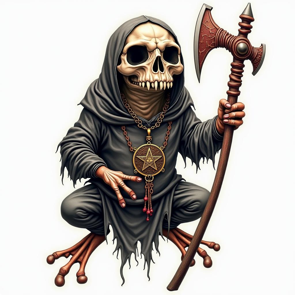 Grim Reaper frog with a scythe and rosarycreepy horror tattoo style, featuring an eerie and unsettling skull of a demonic creature, distorted face with sharp fangs, add pentagram symbol - Variation 4