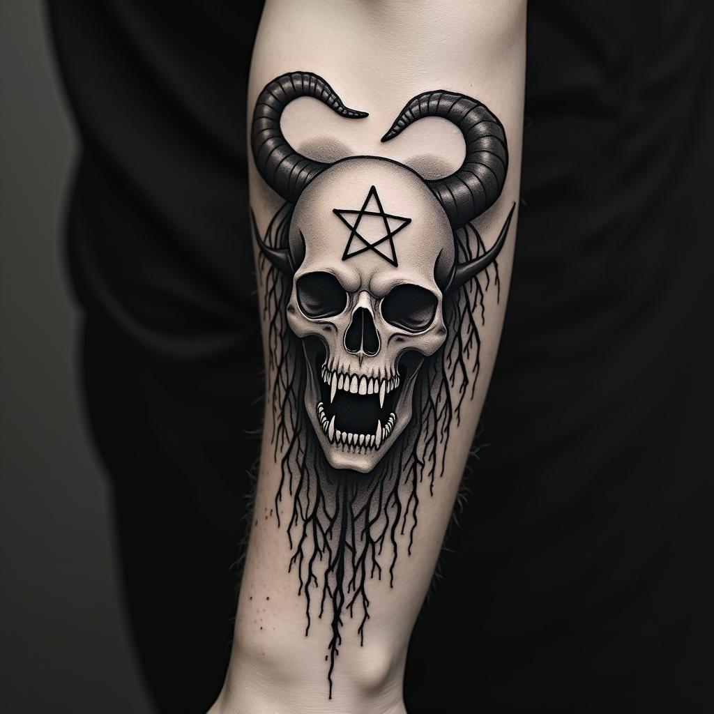 Emilson, poison tree, scorpio, heartcreepy horror tattoo style, featuring an eerie and unsettling skull of a demonic creature, distorted face with sharp fangs, add pentagram symbol - Variation 4
