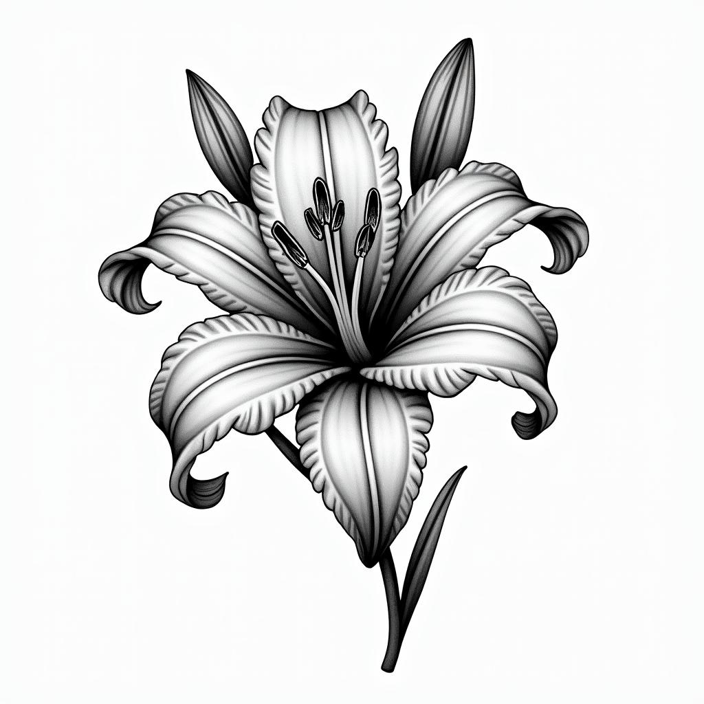 A lily with letteringin bohemian style tattoo, 8k