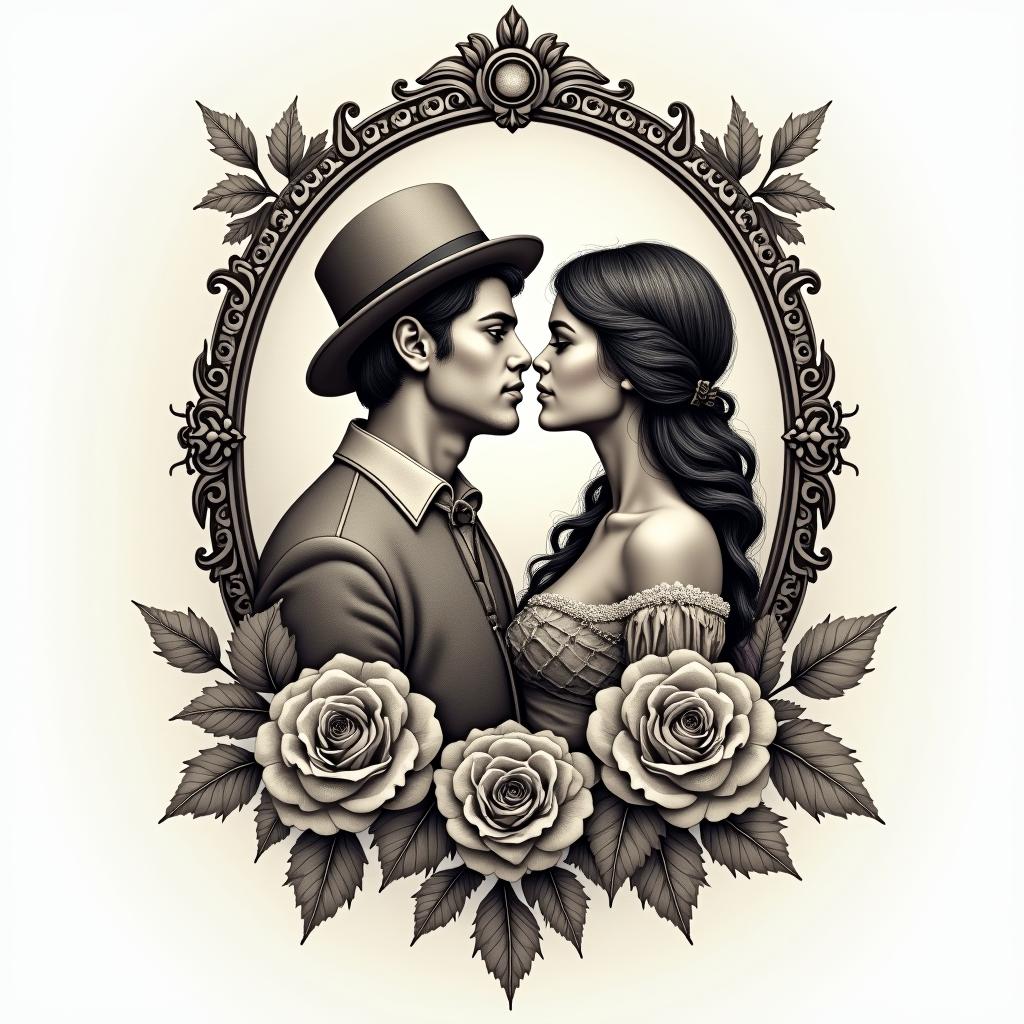 Traveling, adventure, loverin victorian style tattoo, featuring vintage and elegant elements, ornate frames, roses, antique, sepia-toned color scheme