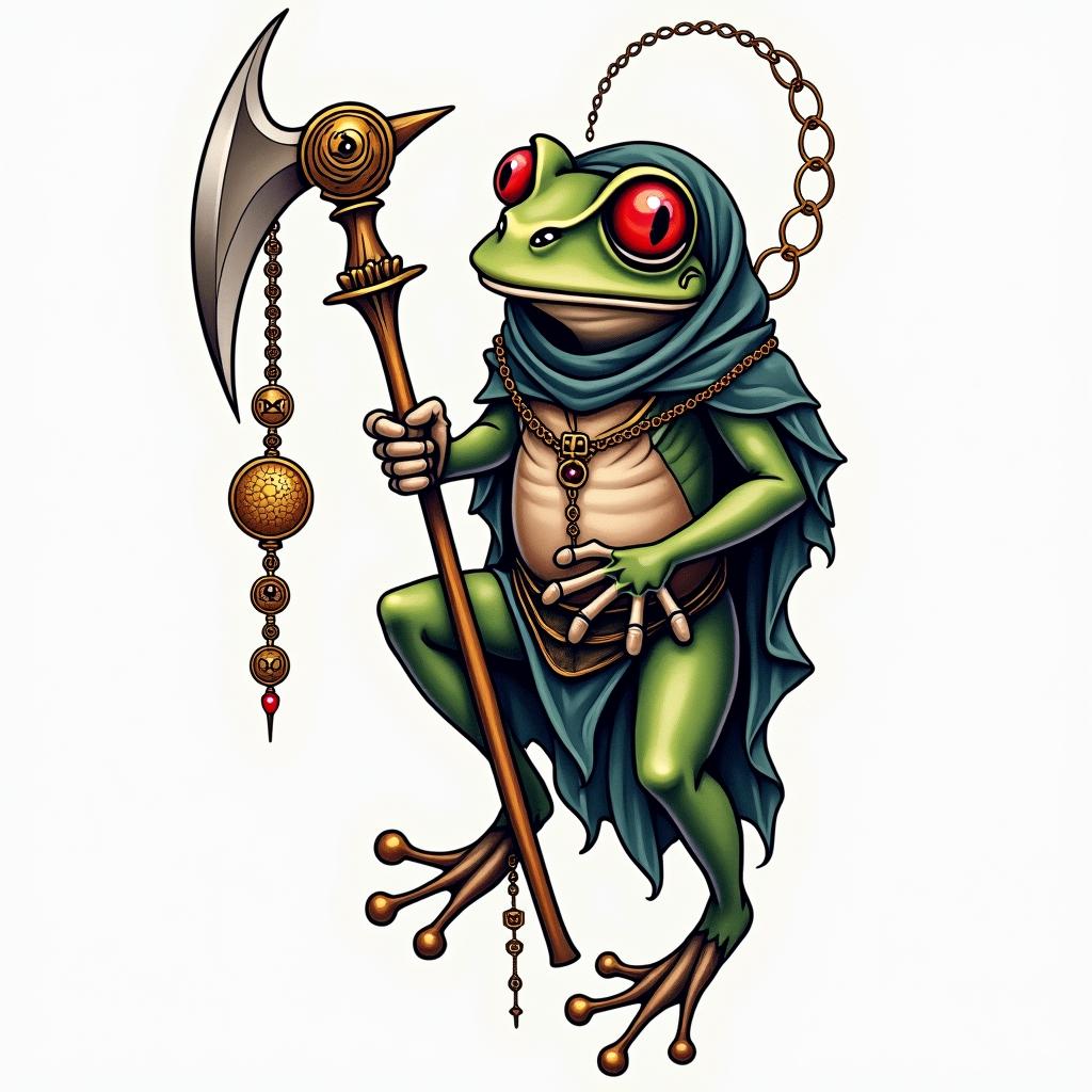 Grim Reaper frog with a scythe and rosaryin spiritual symbols tattoo style, featuring an intricate design incorporating elements, Hamsa hand, third eye, minimalist composition