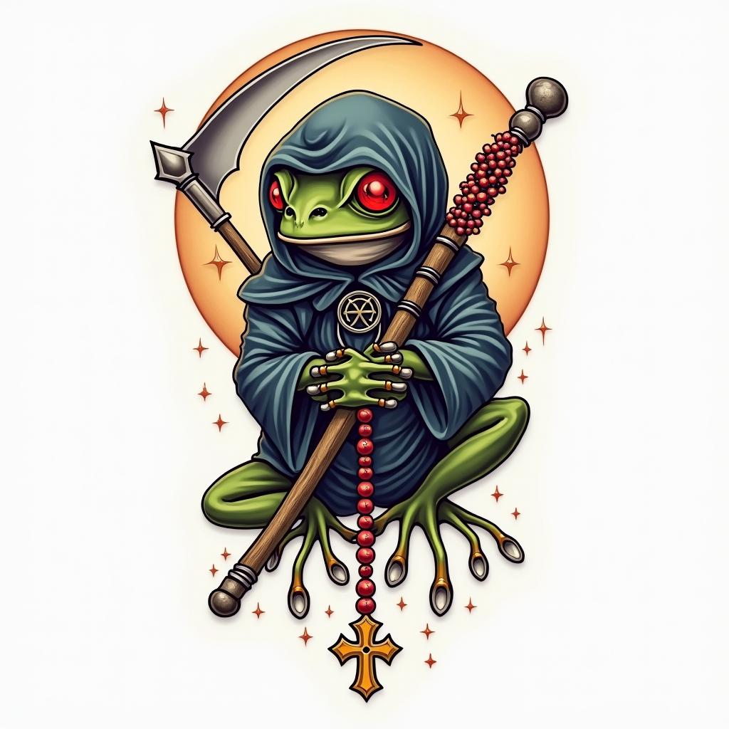 Grim Reaper frog with a scythe and rosaryin spiritual symbols tattoo style, featuring an intricate design incorporating elements, Hamsa hand, third eye, minimalist composition - Variation 4