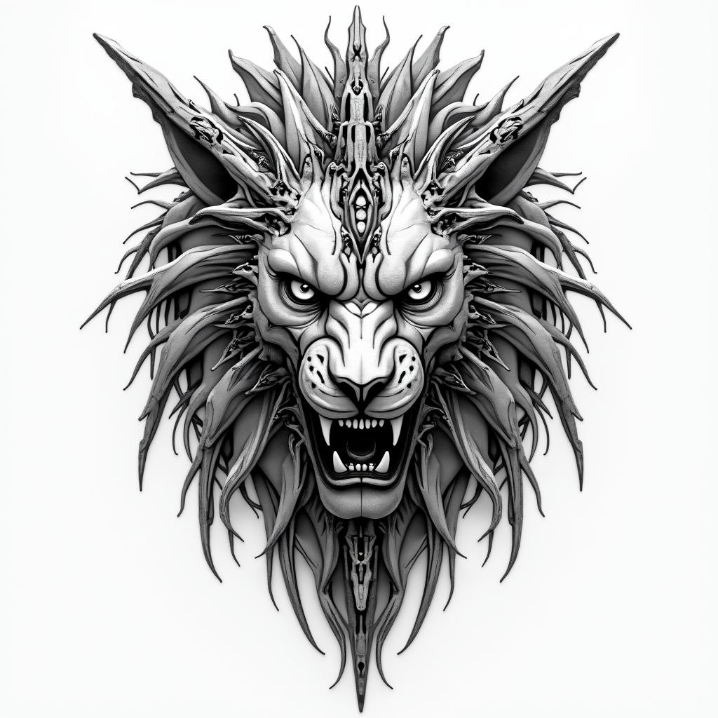 Lion, Demontattoo in biomechanic style, the tattoo covered by robotic elements of futuristic cyberpunk design, robotic features detail, showcasing intricate mechanical components