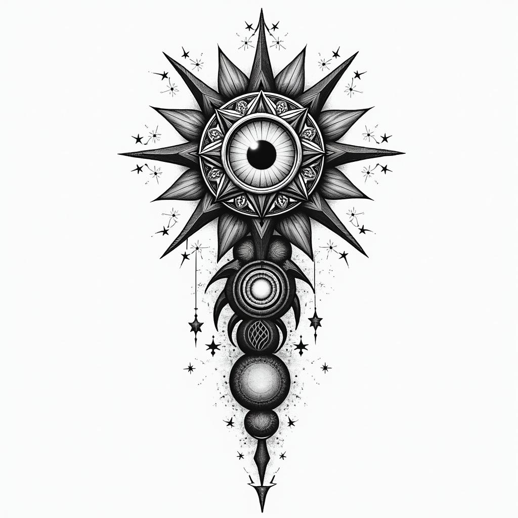 Thiago Marangoni, Pisces, 28 years old, Sumaréin prophecy tattoo style, featuring mystical symbols, celestial imagery like stars, moons, suns, geometric patterns, foretelling elements, an eye of wisdom - Variation 2