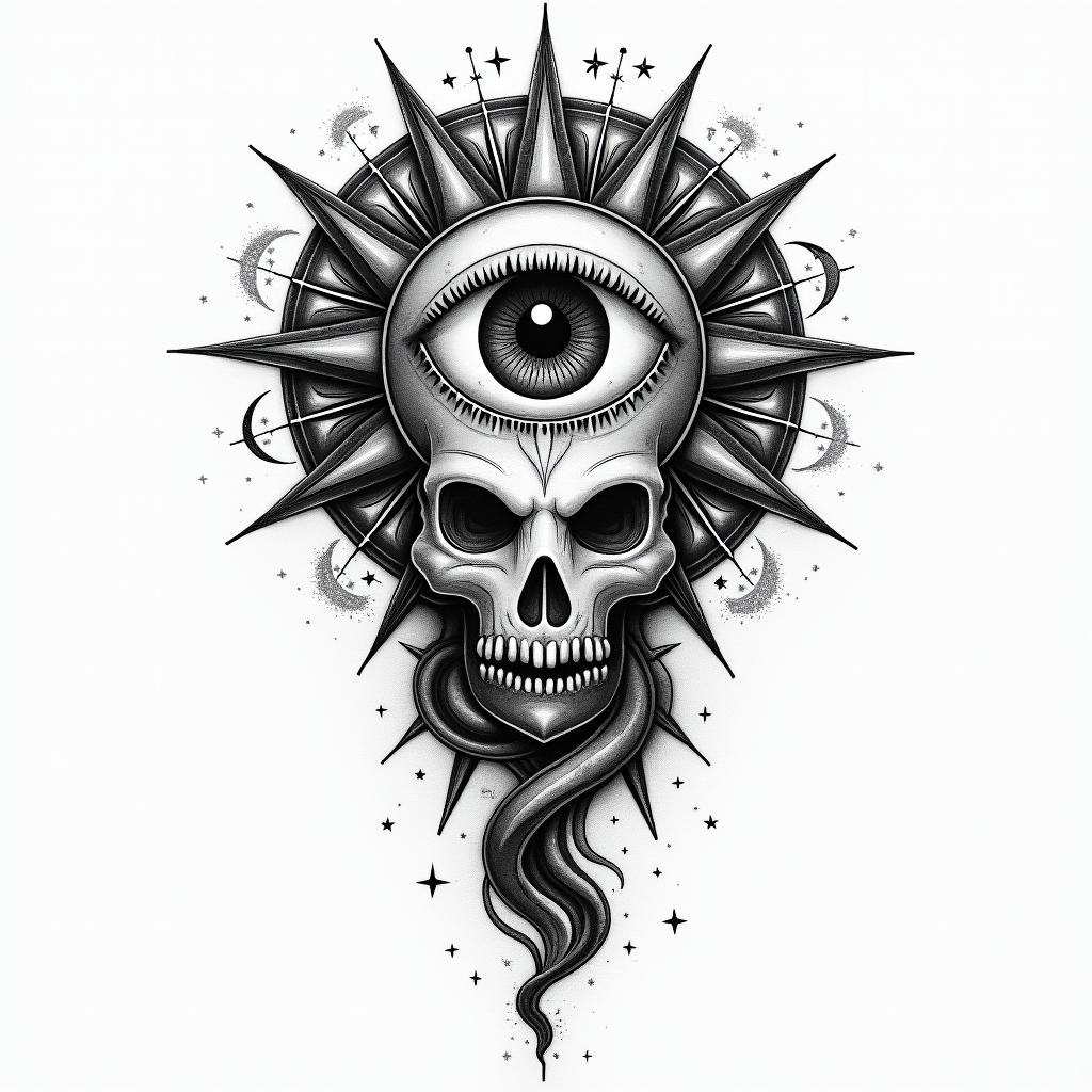 Thiago Marangoni, Pisces, 28 years old, Sumaréin prophecy tattoo style, featuring mystical symbols, celestial imagery like stars, moons, suns, geometric patterns, foretelling elements, an eye of wisdom - Variation 4