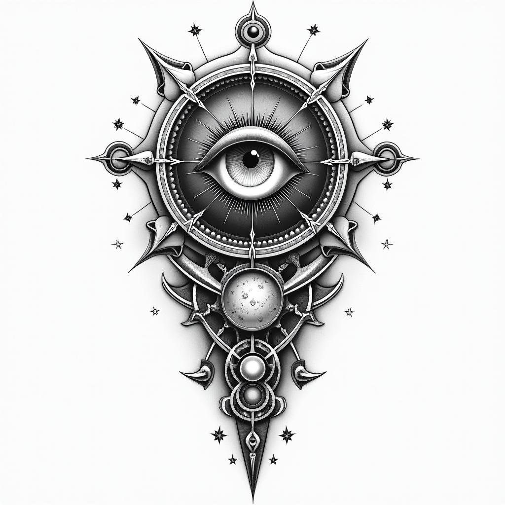 Thiago Marangoni, Pisces, 28 years old, Sumaréin prophecy tattoo style, featuring mystical symbols, celestial imagery like stars, moons, suns, geometric patterns, foretelling elements, an eye of wisdom