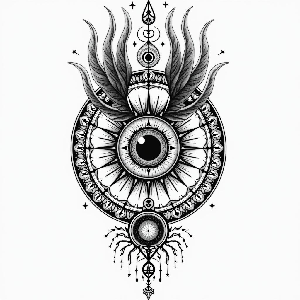 Thiago Marangoni, Pisces, 28 years old, Sumaréin prophecy tattoo style, featuring mystical symbols, celestial imagery like stars, moons, suns, geometric patterns, foretelling elements, an eye of wisdom - Variation 3