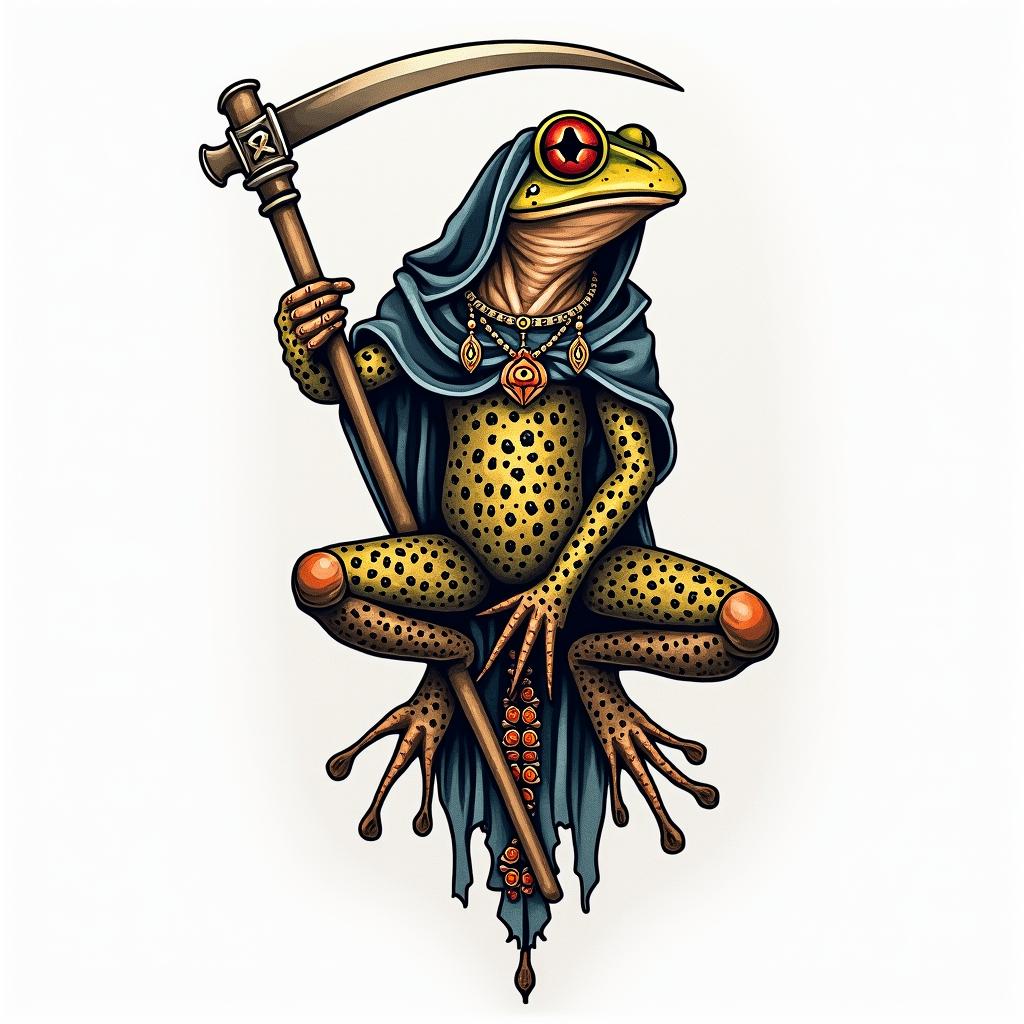 Grim Reaper frog with a scythe and rosaryin dotwork style tattoo, complex mandala patterns, interlocking geometric shapes with sharp symmetry, clean lines, sharp angles - Variation 2
