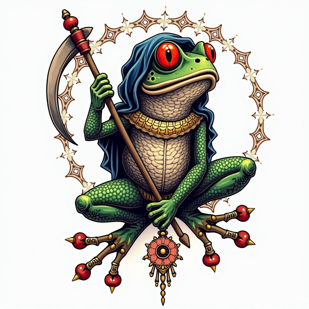 Grim Reaper frog with a scythe and rosaryin dotwork style tattoo, complex mandala patterns, interlocking geometric shapes with sharp symmetry, clean lines, sharp angles - Variation 3