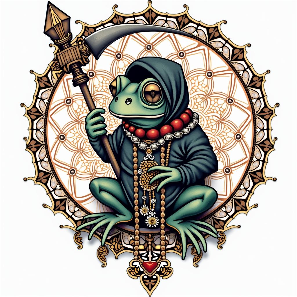 Grim Reaper frog with a scythe and rosaryin dotwork style tattoo, complex mandala patterns, interlocking geometric shapes with sharp symmetry, clean lines, sharp angles - Variation 4