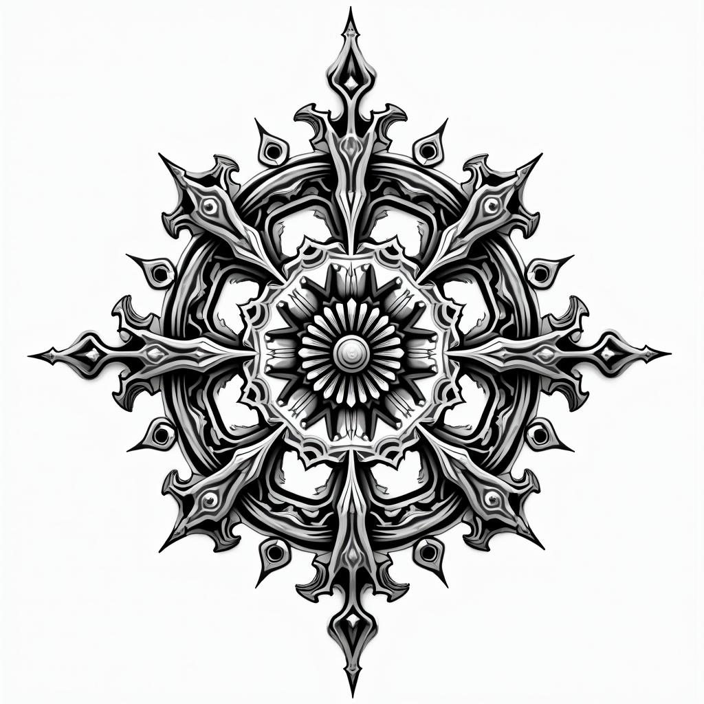 Motorcycle chain with a wheelin dotwork style tattoo, complex mandala patterns, interlocking geometric shapes with sharp symmetry, clean lines, sharp angles - Variation 7