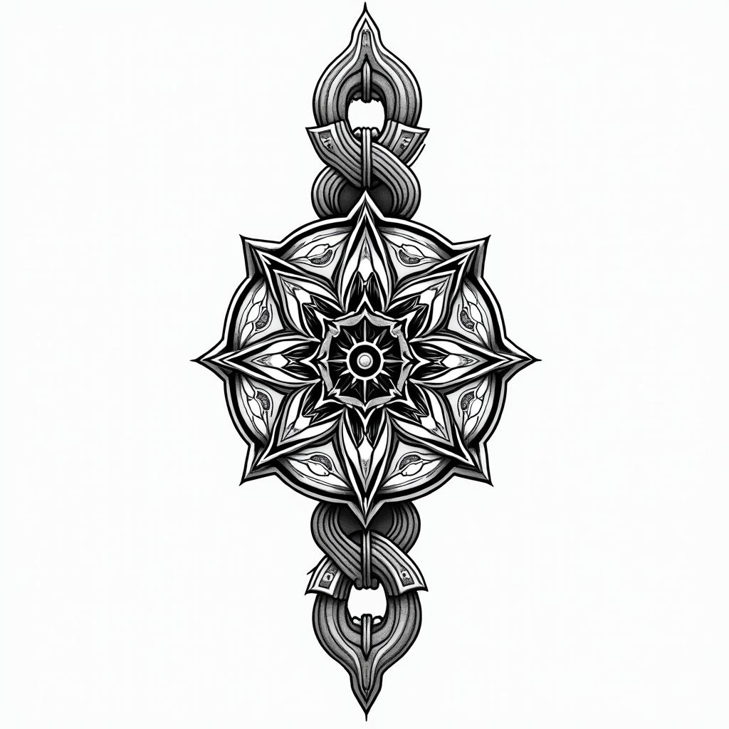 Motorcycle chain with a wheelin dotwork style tattoo, complex mandala patterns, interlocking geometric shapes with sharp symmetry, clean lines, sharp angles - Variation 6