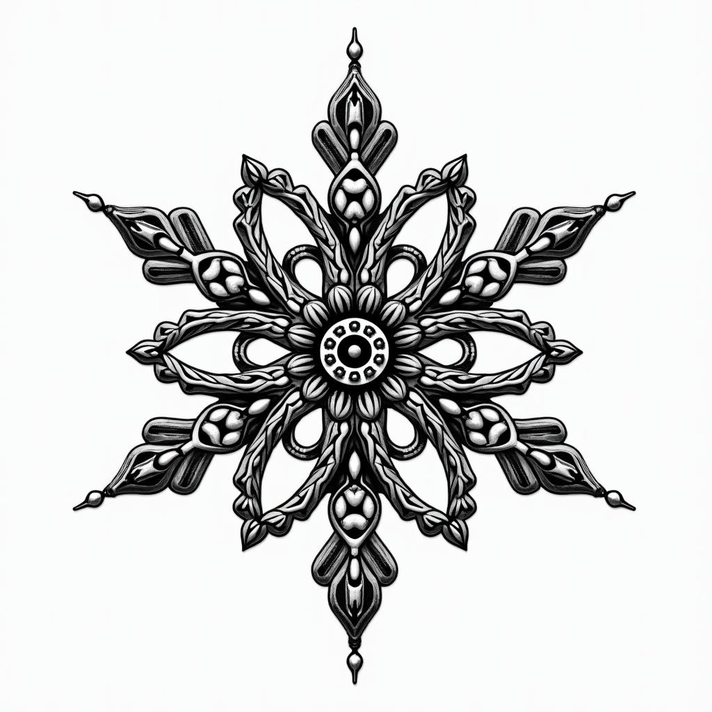 Motorcycle chain with a wheelin dotwork style tattoo, complex mandala patterns, interlocking geometric shapes with sharp symmetry, clean lines, sharp angles - Variation 5