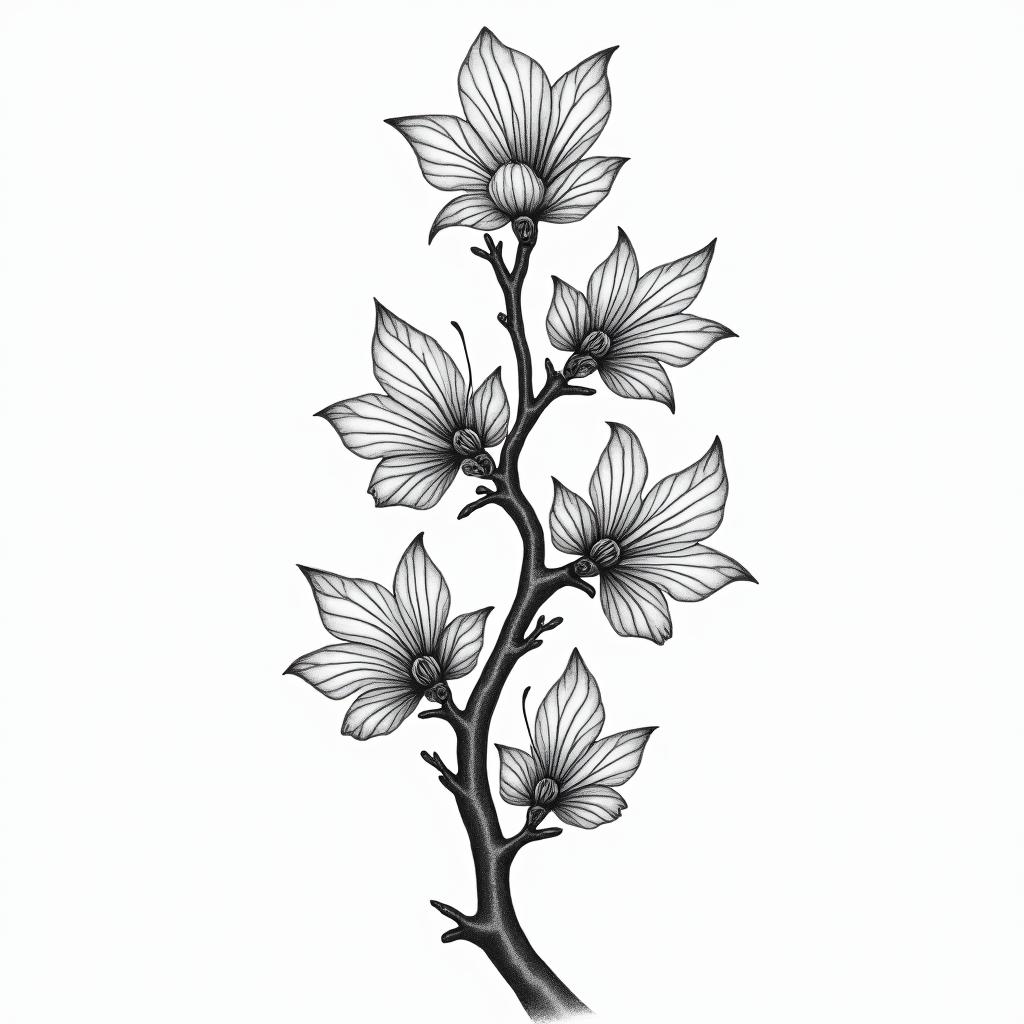 Branch of cherry blossom surrounded by 7 butterflies of my children's birthhigly detailed tattoo - Variation 3
