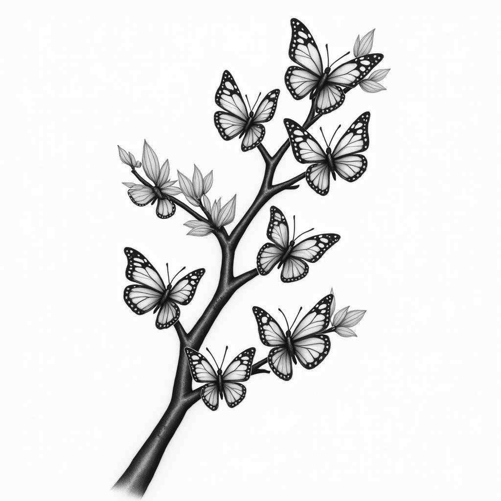 Branch of cherry blossom surrounded by 7 butterflies of my children's birthhigly detailed tattoo