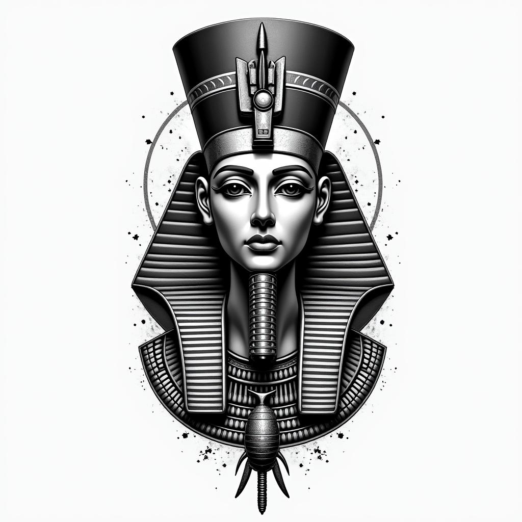Aaron, Leo, Blackin egyptian style tattoo, bold elements of ancient egyptian culture including a portrait of an Egyptian pharaoh with detailed facial features, in hieroglyphs and symbolic imagery, eye of horus, ankh symbol, scarab beetle
