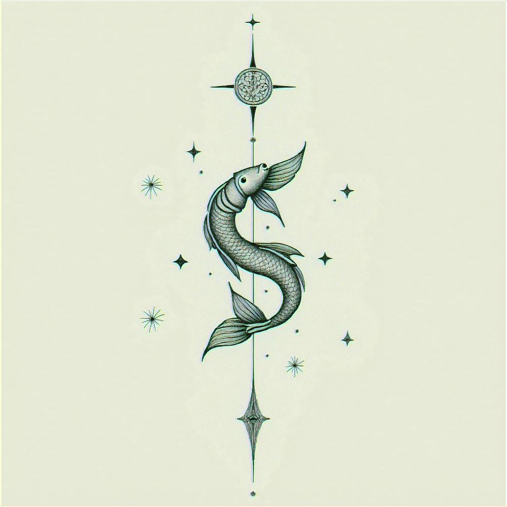 Constellation of Pisces combined with nature, mysticismin minimalist style tattoo, featuring simple shapes and fine lines, with minimal shading and details, tiny triangles, creating a sense of balance and harmony - Variation 3