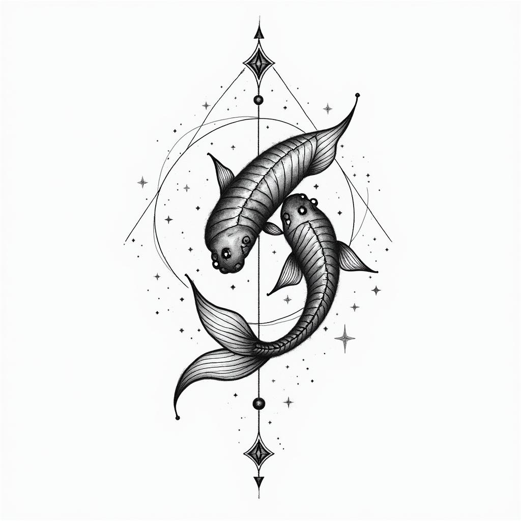 Constellation of Pisces combined with nature, mysticismin minimalist style tattoo, featuring simple shapes and fine lines, with minimal shading and details, tiny triangles, creating a sense of balance and harmony - Variation 4