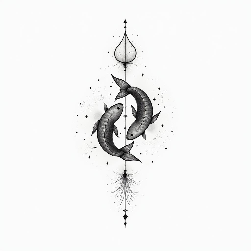 Constellation of Pisces combined with nature, mysticismin minimalist style tattoo, featuring simple shapes and fine lines, with minimal shading and details, tiny triangles, creating a sense of balance and harmony