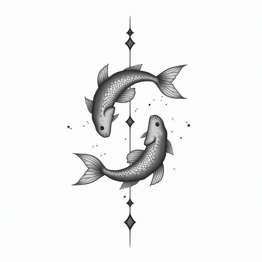 Constellation of Pisces combined with nature, mysticismin minimalist style tattoo, featuring simple shapes and fine lines, with minimal shading and details, tiny triangles, creating a sense of balance and harmony - Variation 2