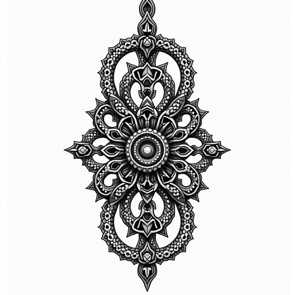 Motorcycle chain with a wheelin dotwork style tattoo, complex mandala patterns, interlocking geometric shapes with sharp symmetry, clean lines, sharp angles