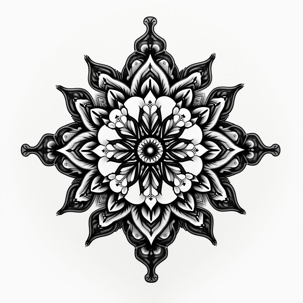 Motorcycle chain with a wheelin dotwork style tattoo, complex mandala patterns, interlocking geometric shapes with sharp symmetry, clean lines, sharp angles - Variation 2