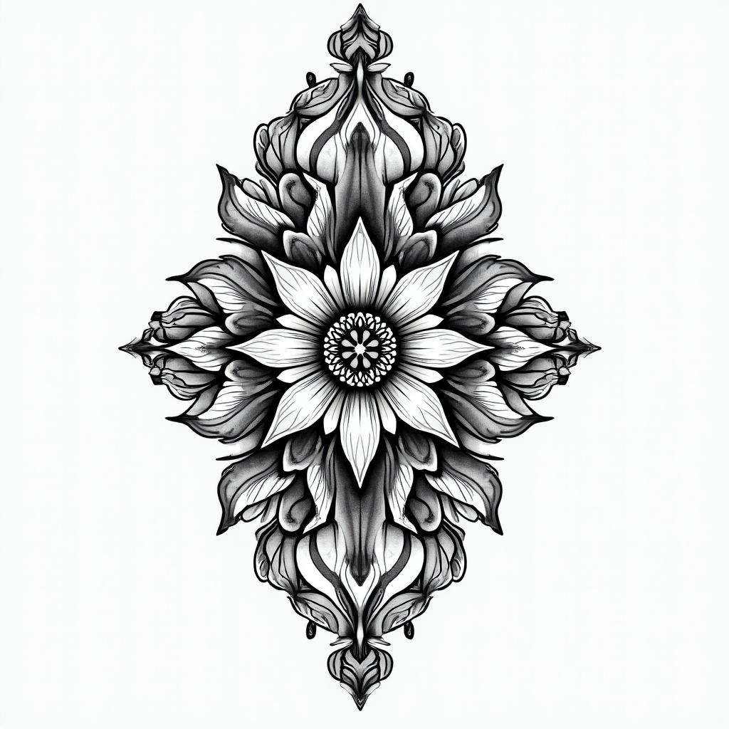Gabriela, Leo Táchira Rubioin ornamental tattoo style, featuring intricate symmetrical patterns and floral designs, showcasing highly detailed line work and geometric shapes, creating a sense of elegance and balance - Variation 2