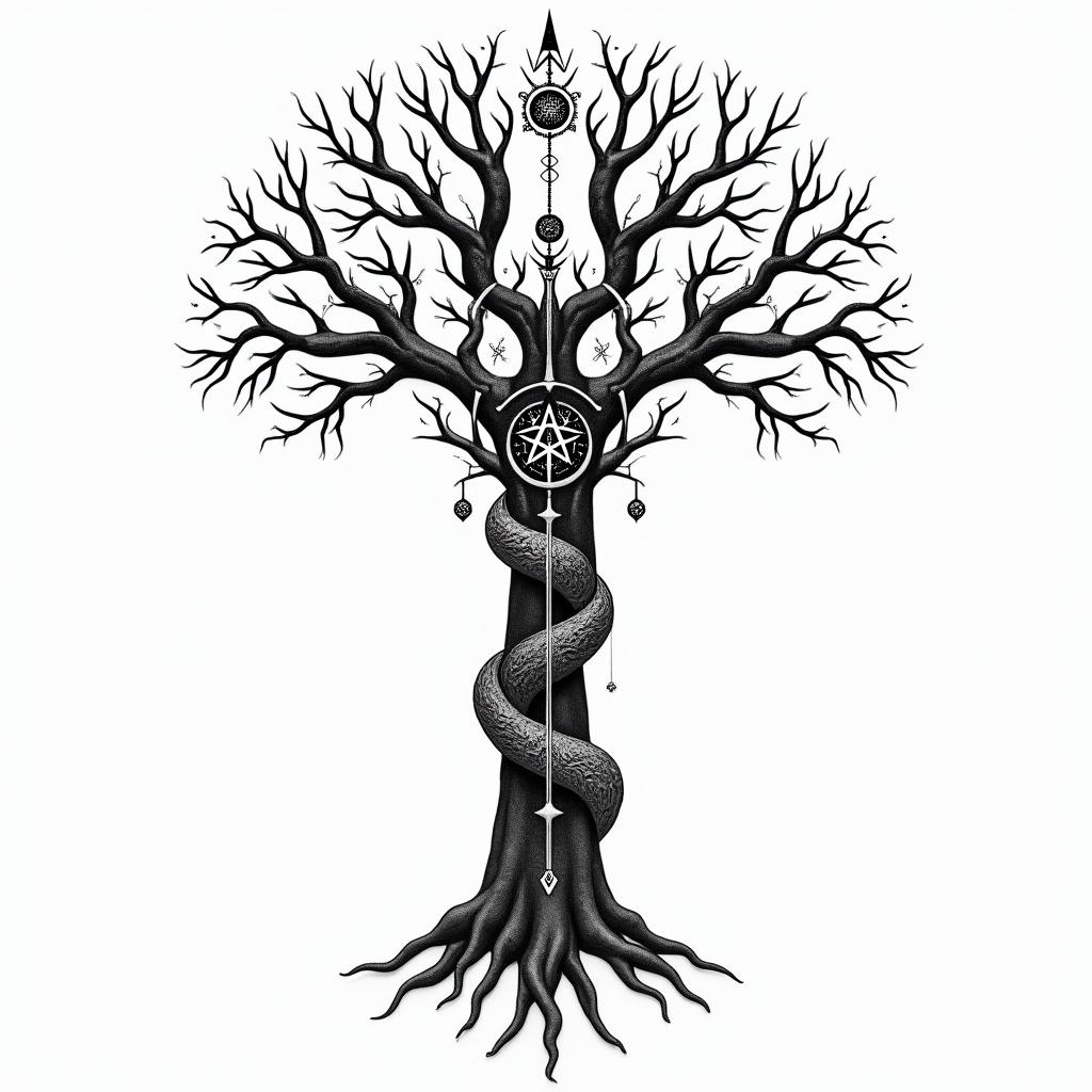 At tree of life like home tree from avatarin paganic style tattoo, featuring ancient symbols, add vegvisir symbol, mystical figures, incorporating designs, pentagrams, runes, crescent moons,