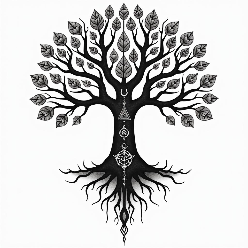 At tree of life like home tree from avatarin paganic style tattoo, featuring ancient symbols, add vegvisir symbol, mystical figures, incorporating designs, pentagrams, runes, crescent moons, - Variation 4