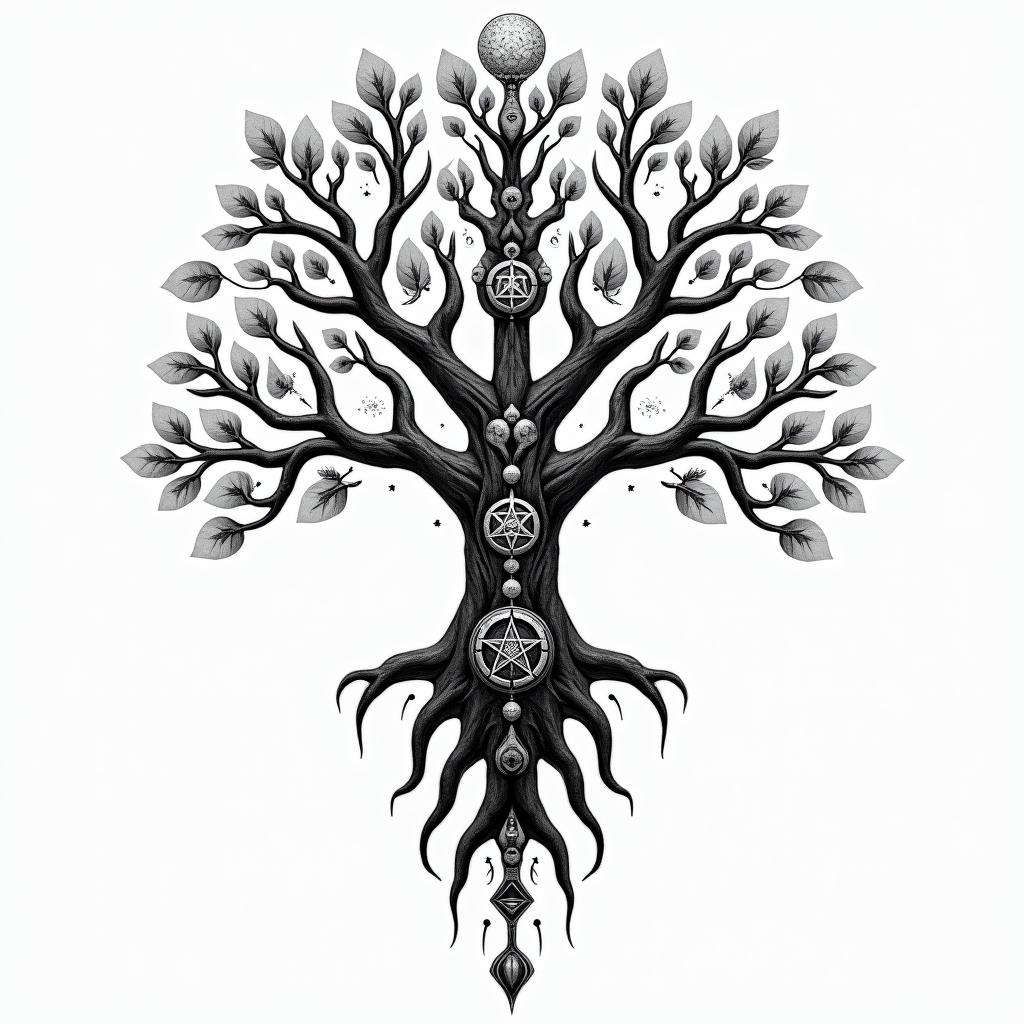 At tree of life like home tree from avatarin paganic style tattoo, featuring ancient symbols, add vegvisir symbol, mystical figures, incorporating designs, pentagrams, runes, crescent moons, - Variation 2