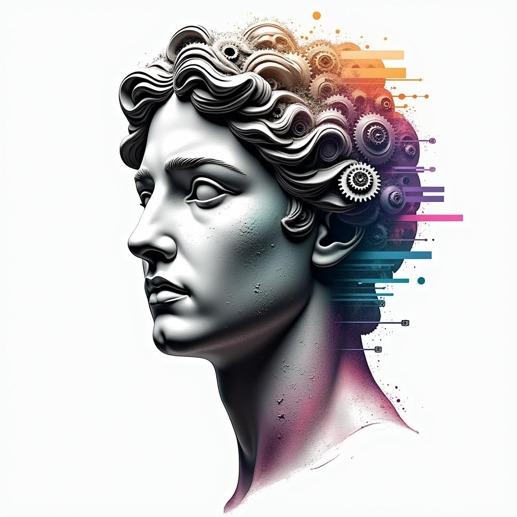 Mechanical gears fused with human anatomyin distorted and fragmented tattoo design, featuring a classical statue bust, in a glitch art style with vibrant, overlapping colors of cyan, magenta, and yellow, creating a digital distortion effect - Variation 4