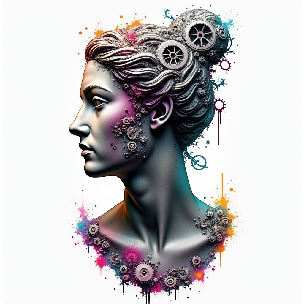 Mechanical gears fused with human anatomyin distorted and fragmented tattoo design, featuring a classical statue bust, in a glitch art style with vibrant, overlapping colors of cyan, magenta, and yellow, creating a digital distortion effect - Variation 2