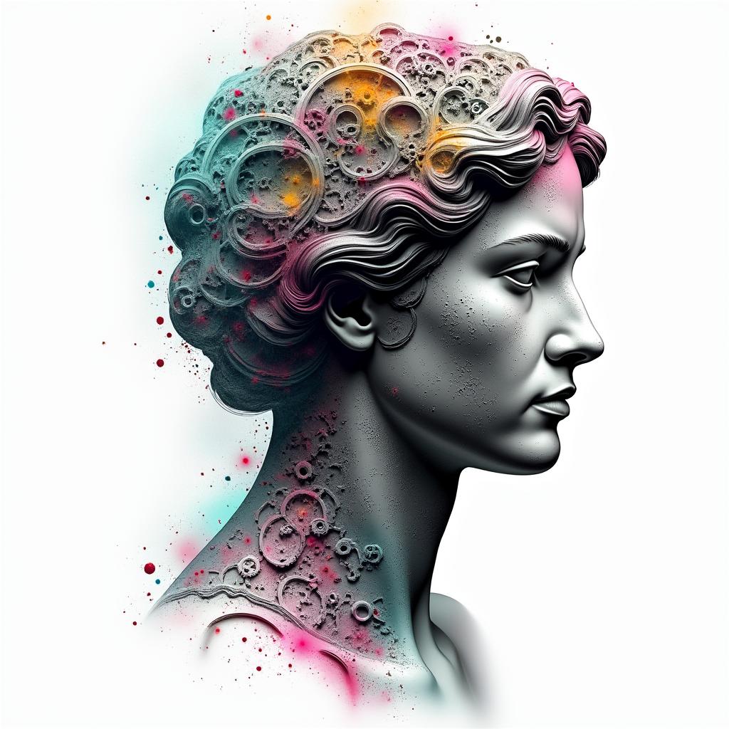 Mechanical gears fused with human anatomyin distorted and fragmented tattoo design, featuring a classical statue bust, in a glitch art style with vibrant, overlapping colors of cyan, magenta, and yellow, creating a digital distortion effect - Variation 3